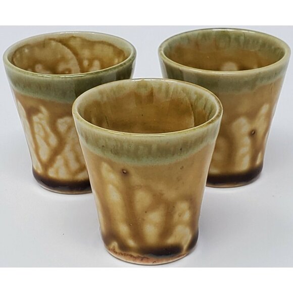Drip Glaze Ceramic Shot Glasses Set of 3 Gold Yellow Japan 1.75" tall Vintage - Picture 1 of 7